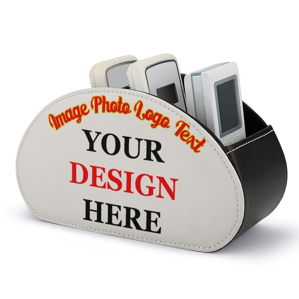WAFICAC Custom Leather TV Remote Control Holder with 5 Compartments Personalized Add Your Photo Text LOGO PU Remote Control Caddy Desktop Organizer for Office Supplies Makeup Brush Pen