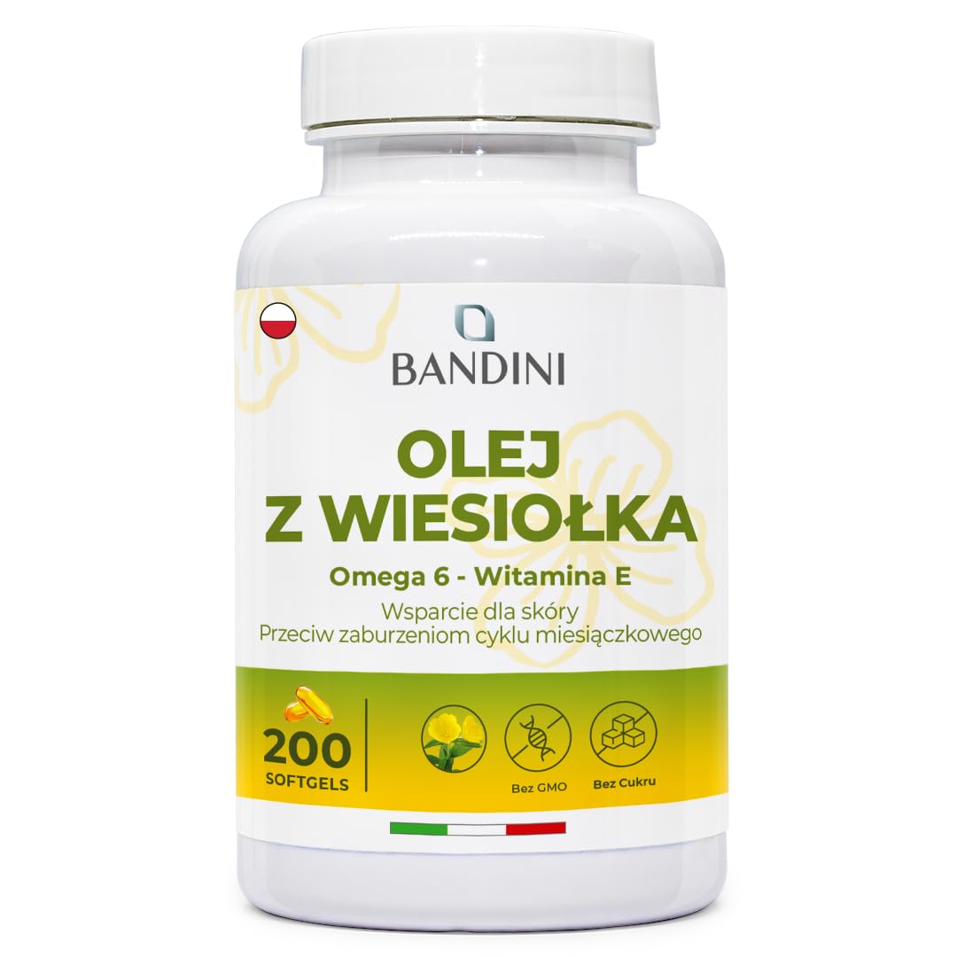 Bandini® Olej z wiesiołka 200 kapsułek żelowych 2000 mg - Przeciwutleniacz dla skóry, włosów i paznokci - Równowaga hormonalna, menopauza i przeciwdziała zaburzeniom cyklu miesiączkowego - Bez GMO