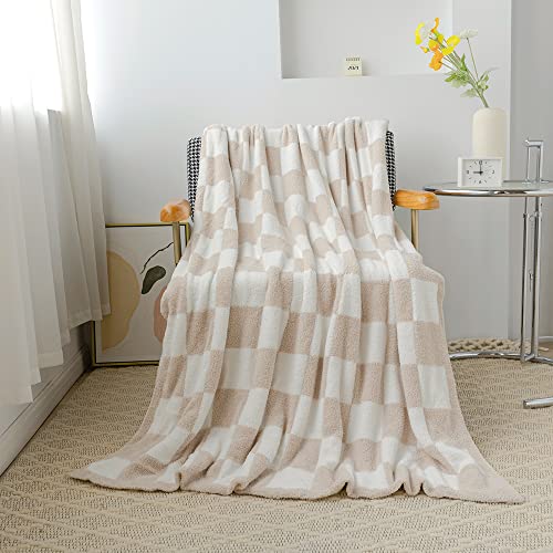 Andreannie Cozy Warm Fluffy Kahki Microfiber Polyester Buffalo Checkerboard Pattern Throw Blanket Knitted Checkered Lightweight Bed Blanket For Sofa Bed Cabin Decor (Twin :60X80 In, Kahki) #TOP23