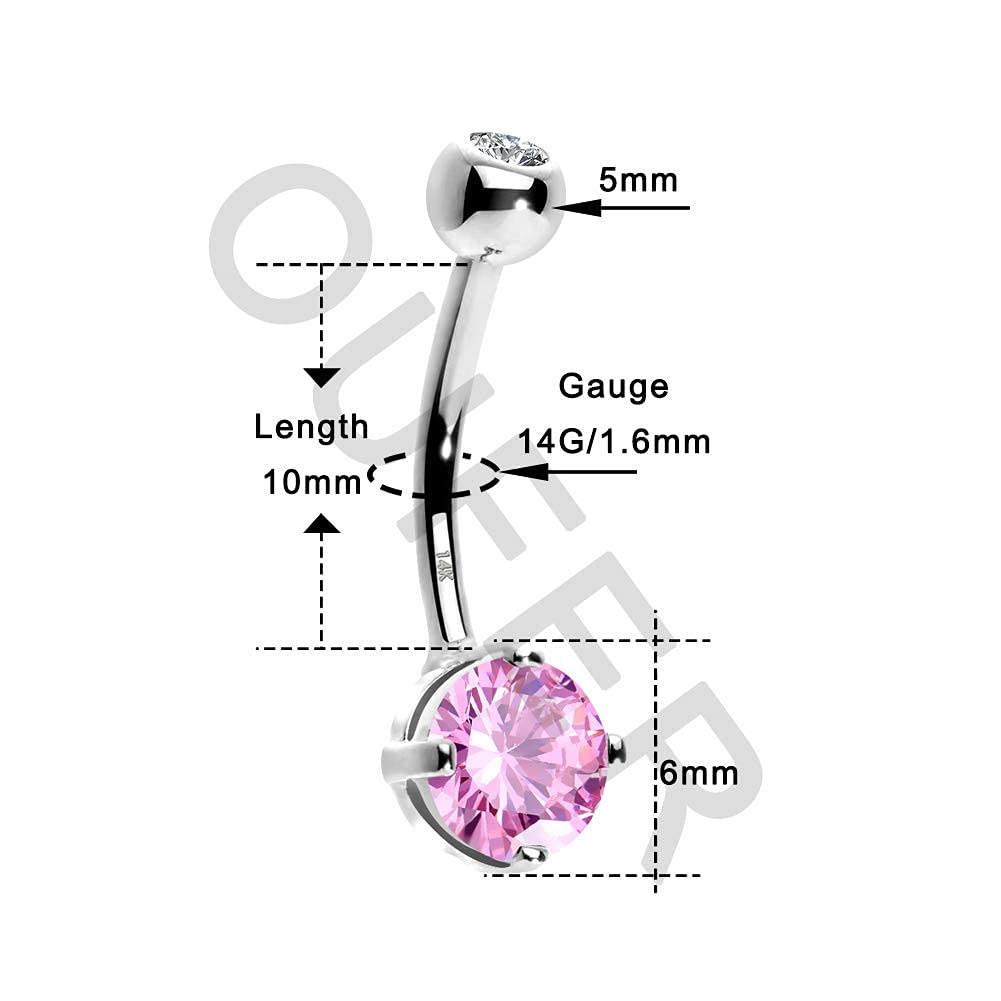 OUFER - Piercing para ombligo de oro macizo de 14 quilates de 14 g, circonita cúbica transparente, redondo, joyería para ombligo, piercing para ombligo, 10 mm, Oro blanco, circonita cúbica, Circonita