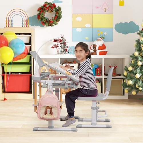 Real Relax Height Adjustable Desk and Chair, Childs School Student Sturdy Table Grey