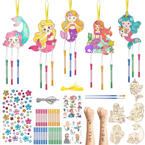 SRIZIAN 10 Pièces Sirène Bois Carillon à Vent pour Enfant Kit,Sirène Loisirs Créatifs pour Filles Bricolage Activité Manuelles Cadeau Partie Suspendue Porte Fenêtre Décoration
