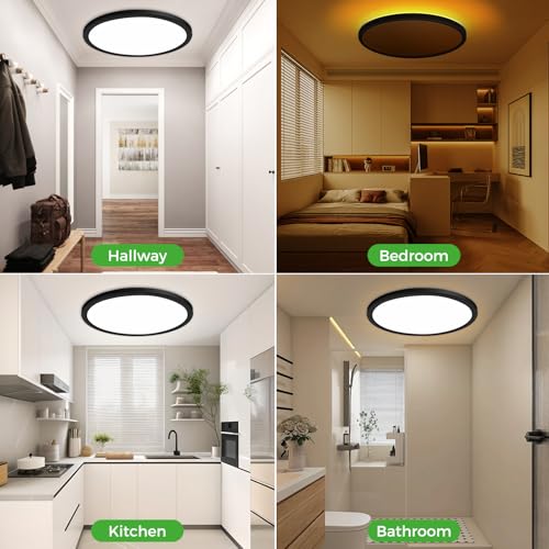 zemty 15 Inch LED Ceiling Light with Night Light 1800K, 3000K/4000K/6500K Dimmable Fixture with Remote Control, Low Profile Lighting for Bedroom Living Room Kitchen-Black by zemty - Used condition - Image 2