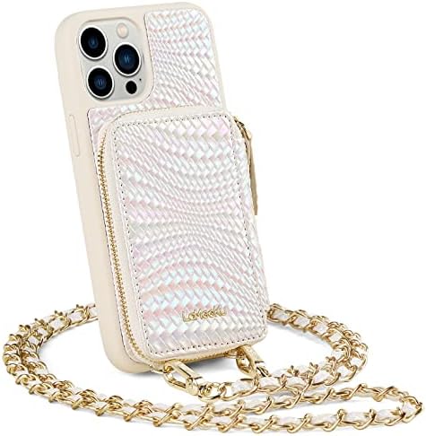 LAMEEKU Wallet Case for iPhone 13 Pro Max, Glitter Crossbody Case with Card Holder, Leather Zipper Phone Case with Strap RFID Blocking Bling Cover, for Apple iPhone 13 Pro Max 6.7" (White Weave)