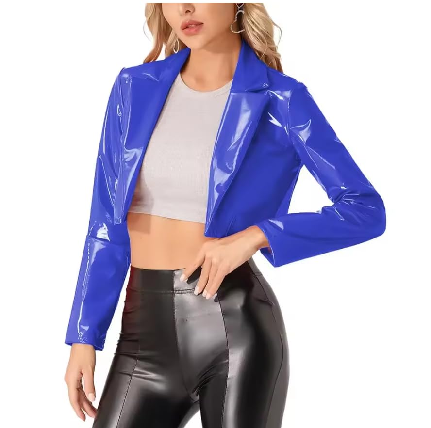 Punk Short Wetlook PVC skórzana klapa z długim rękawem przycięte topy odzież klubowa gotyckie damskie płaszcze personalizacja