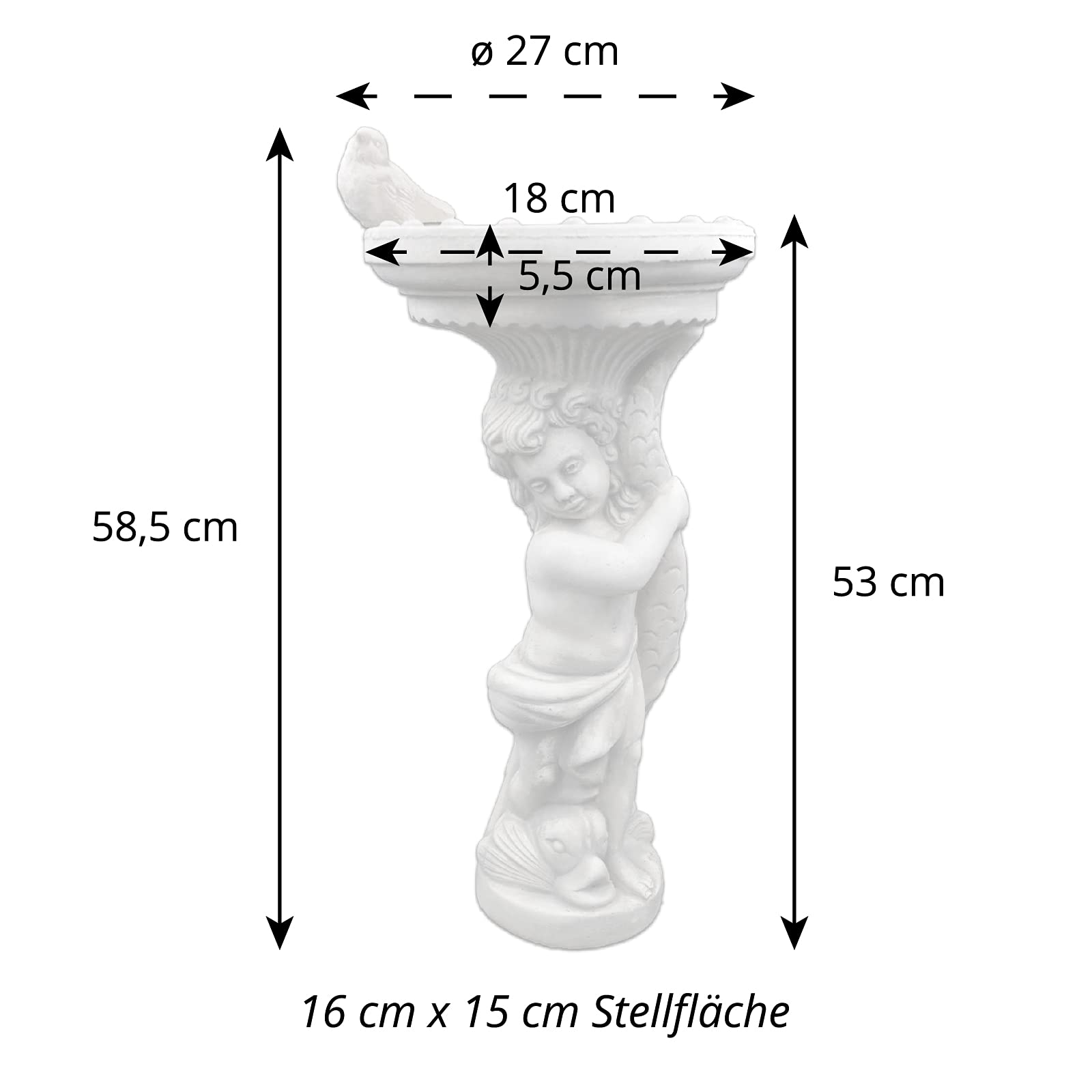 gartendekoparadies.de Chłopiec z dużym poidłem dla ptaków, kamienna figurka wys. 54 cm, 18 kg, szara, odporna na mróz z odlewu kamiennego do użytku na zewnątrz
