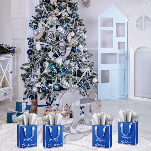 Image of Yeaqee 24 Pack Metallic Paper Gift Bags, Royal Blue,Silver | with Satin Ribbon Handle and Tissue, 9x7x3.1 Inch, Suit Business, Birthday, Christmas, Thank You Return Gifts Bags
