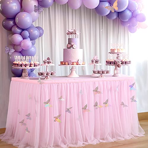 Image of 9ft Pink Butterfly Table Skirt for Rectangle Tables or Round Tables Tulle Tutu Table Skirt for Butterfly Theme Baby Shower Girls Birthday Party Wedding Cake Dessert Table Decorations