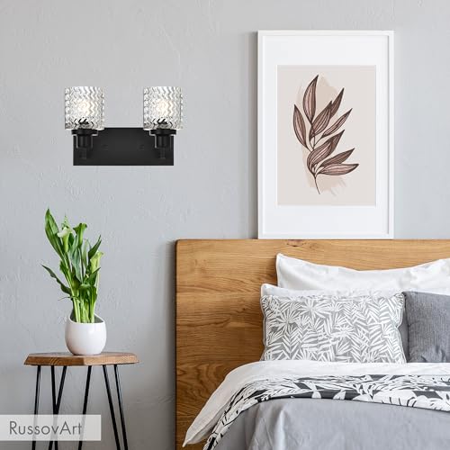 Image of MELUCEE 2 Lights Indoor Wall Sconces Black Finish, Contemporary Bathroom Vanity Lighting Fixtures with Hammered Glass Shade, Modern Wall Mounted Lamp Above Mirror Sink Cabinet
