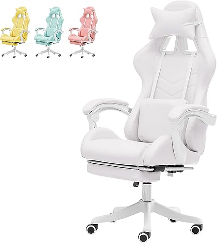 Miniatura 10 de Bonita silla de juegos con reposapiés, respaldo alto, silla de videojuegos de piel sintética kawaii con soporte lumbar y reposacabezas silla de