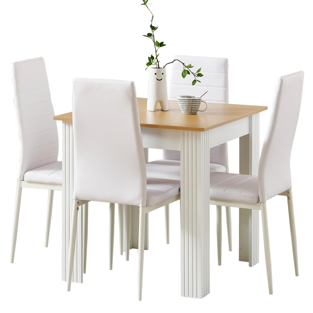 Rainbow Tree Modern 5 Piece Dining Room Table and Chairs Set, Wooden Square Table with 4 Chairs for Small Space Apartment Space Saving (White+Oak Top Table+4 White Leather Chair)