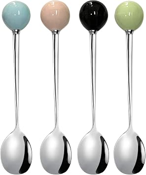 Ouliget Stainless Steel Tea Spoons, Mini Coffee Spoons, Dessert Spoon,Korean Small Spoon with Ceramic Ball, Spoons 4 Pieces 5.5 Inches 4 colors.
