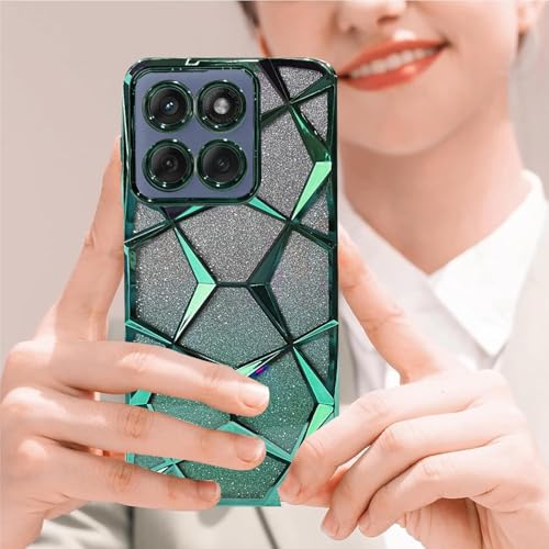 Image of VONZEE Gradient Glitter Case for Moto Edge 60 Fusion, Luxury Electroplated 3D Cube, Diamond Bling Shiny Soft TPU Clear Shockproof Women Girls Protective Phone Cover (Green)