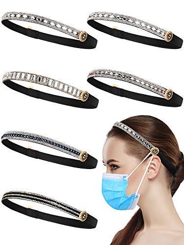Waydress 6 Pieces Headbands with Buttons, Skinny Glitter Headband Non-slip Elastic Hair Band Button Headband Ear Protection Holder for Sports Yoga Workout (Simple Pattern)