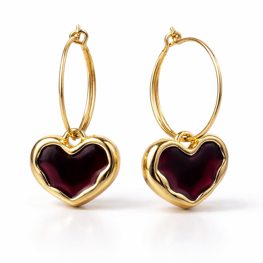 Korean Design Heart Charm Hoop Earrings for Women & Girls | Trendy Gold Plated Bali Earrings with Wine Red Heart Pendant | Lightweight Fashion Jewellery | Stylish Korean-Style Earring-image-20