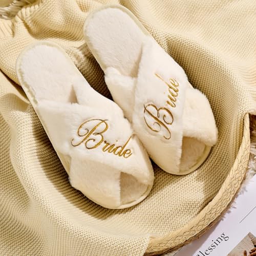 Bride Slippers for Wedding Day, Embroidery Bride To Be Bridal Shower Gift for Women Bridesmaids, Personalized Bride Open Toe Fuzzy Flip Flops, Getting Ready Outfit, Bachelorette Party Gift2