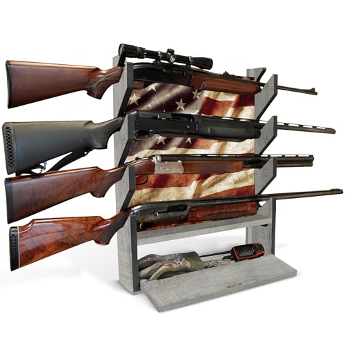 Rush Creek Creations Gun Rack, Wall Mount Gun Rack for Rifles or Shotguns, Patriotic American Flag Design, Additional Storage for Gun Accessories