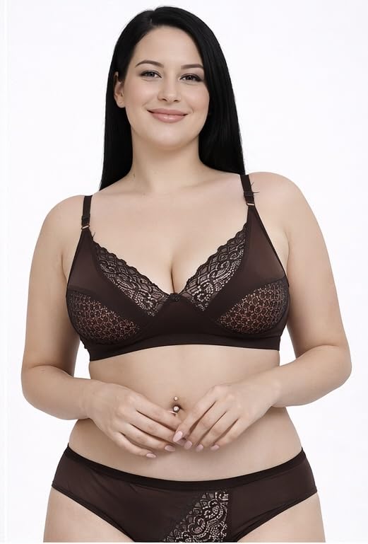 Image of Women Lace Bra And panty set Pure cotton Non-Padded Wire-Free Full Coverage Soft Breathable Fabric Comfortable Innerwear