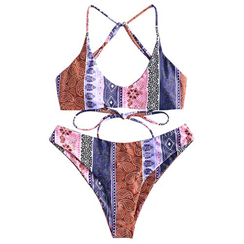 ZAFUL Women's Retro Bathing Suits Floral Paisley Strappy Bikini Back Lace-up Two Piece Swimsuits Multi-C M