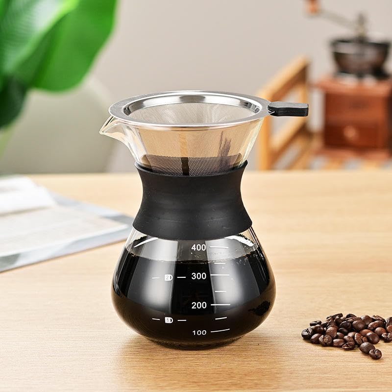 Image of 400ml Pour Over Coffee Maker Handmade Borosilicate Glass Carafe with Stainless Steel Filter, Paper-Free Dripper, High-Heat-Resistant Coffee Pot for Home & Kitchen (400ML, Pack of 1)