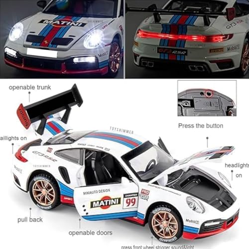 Image of 1:32 Scale Porshi Martini Die Cast Car for Kids & Collectors | Metal Body Sports Racing Toy Car with Openable Doors, Pull Back Action, Light & Sound -White