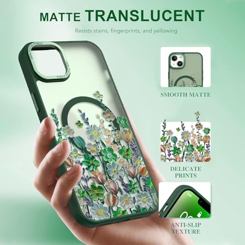 Image of Magnetic for iPhone 14 Plus Case with for Women, Green Floral | Pretty Oil Painting Flower Pattern Design [Compatible with MagSafe] Shockproof Slim Translucent Matte Non-Slip Cover