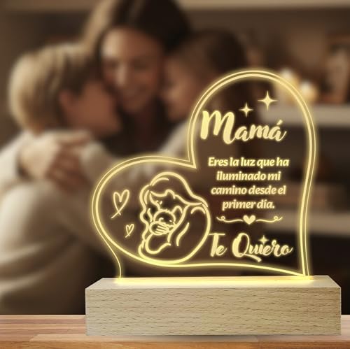 Ezonik Lampara Mama, Regalo para Madres, Recordatorio de Hijos Navidad, Lampara Led, Luz Calida.Lampara Personalizada,Luces Nocturna.Base de Madera.Iluminacion Interior.