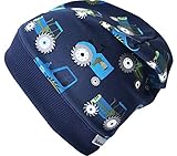 Wollhuhn ÖKO Leichte Weiche Mädchen/Jungen Beanie-Mütze Trecker/Traktor Bündchen Elastisch Übergangszeit/Sommer Jersey Baumwolle (Öko-Stoffe, Bio) (Trecker/Traktor Dunkelblau, M)