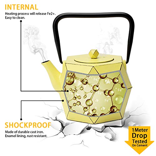 Tea Kettle, TOPTIER Japanese Cast Iron Teapot with Stainless Steel Infuser, Cast Iron Tea Kettle Stovetop Safe, Diamond Design Teapot Coated with Enameled Interior for 40 oz (1200 ml), Yellow - Thumbnail 3