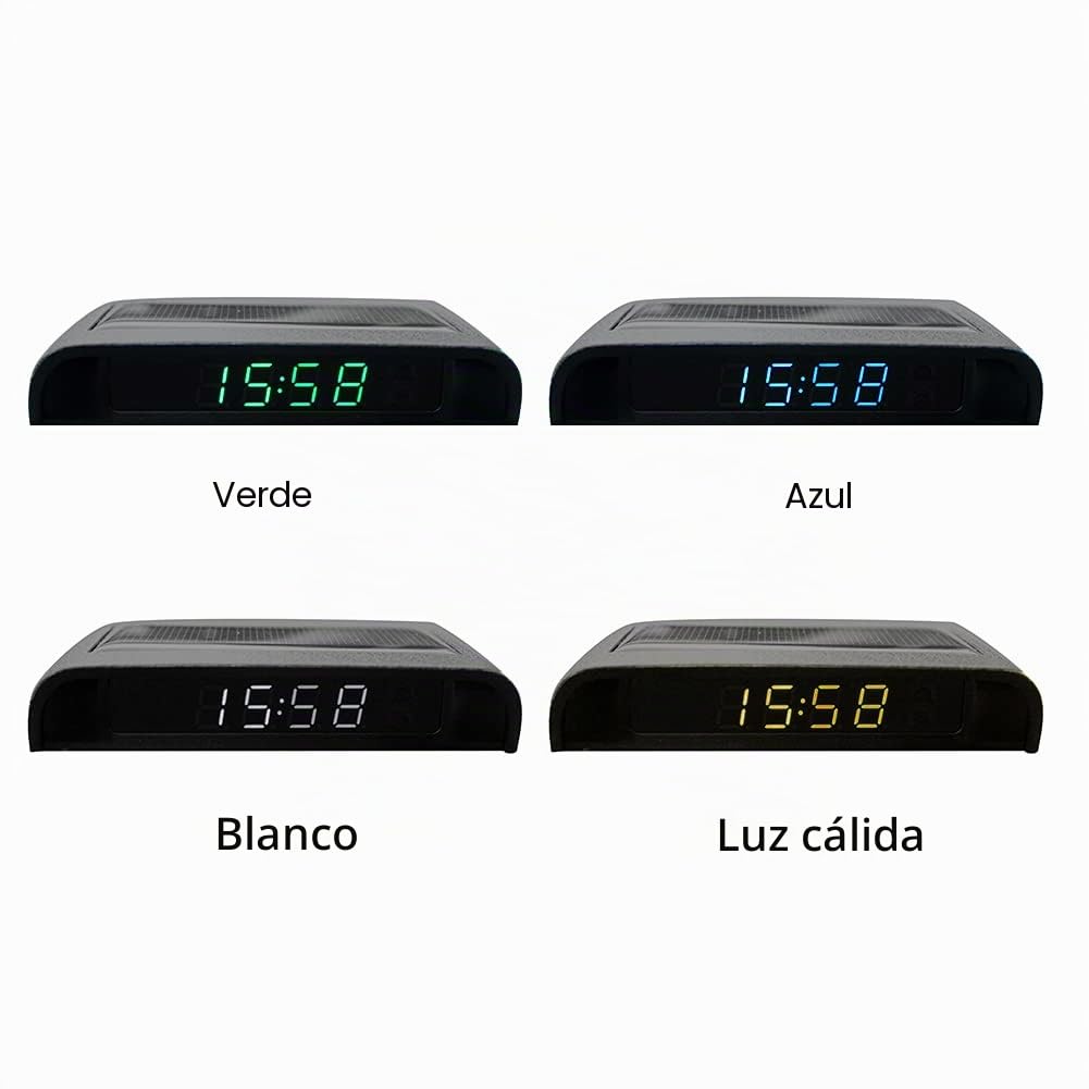 Reloj LCD con energía solar, reloj digital multifuncional para coche con hora, fecha, semana, temperatura (luz cálida)