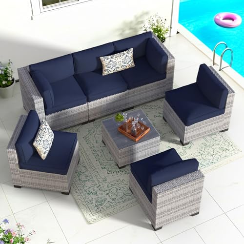 Image of 7 Piece Patio Furniture Set, Rattan Outdoor Patio Conversation Sets, Outdoor Sectional Furniture with Thickened Cushion and Coffee Table, for Deck, Backyard, Garden, Off-White & Dark Blue