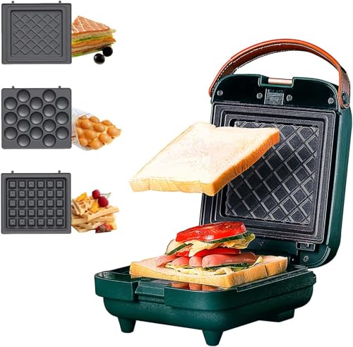 Green 3-in-1 Sandwich Waffle Eggette Maker Portable Cooking Non-stick Detachable Bakeware Plates Electric Panini Press Double-sided Heating Breakfast Toaster Dessert Afternoon tea