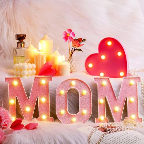 Aurelema 4 Pcs Mother's Day LED Lights Light up Letters Mom Light Sign Battery Powered Heart up Letters for Mom Party Decor Night Home Family Supplies (Pink)