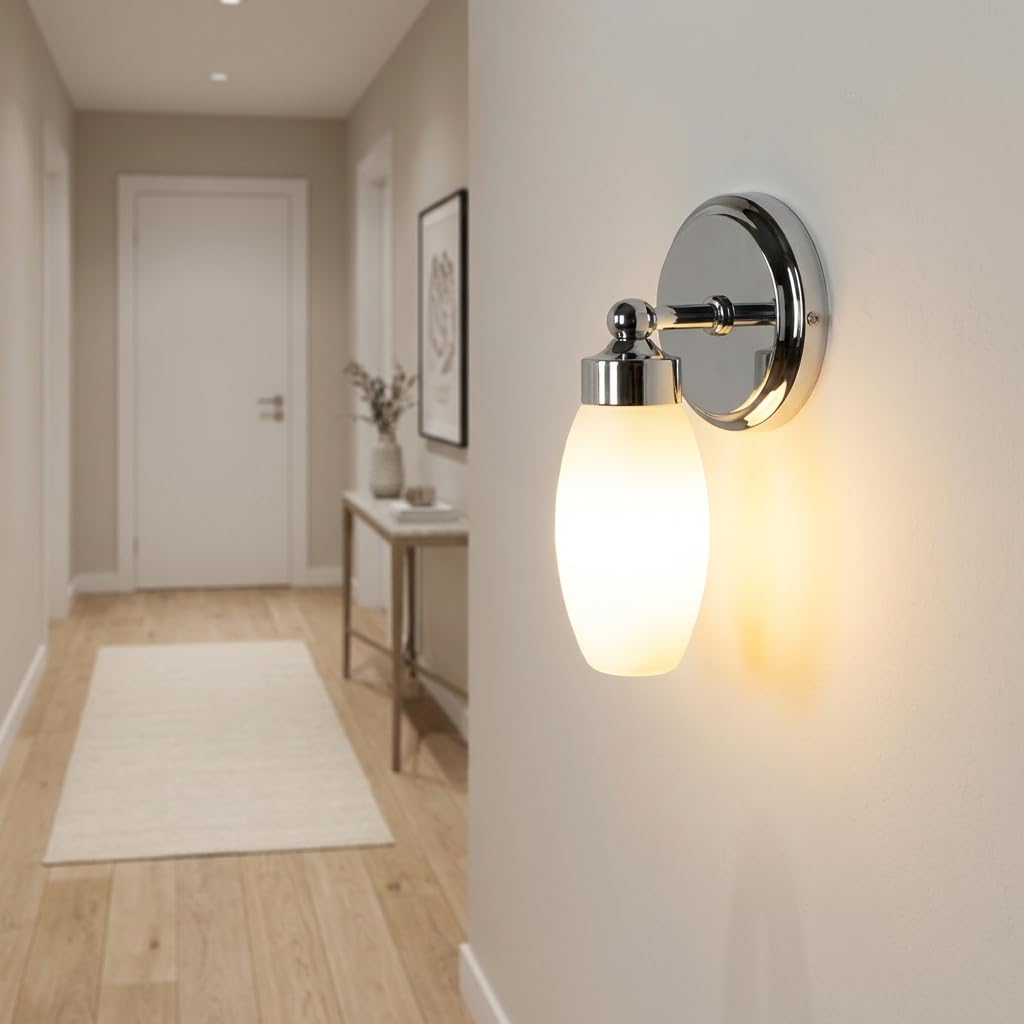 Alpinaluz Aplique de pared para baño con casquillo E14, base metálica cromada y pantalla de cristal blanca mate, diseño elegante y protección IP44 para iluminación suave y uniforme en interiores