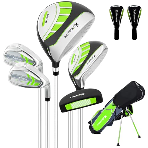 6 Pieces Junior Golf Clubs Set for Kids Ages 8-10 Youth Golf Clubs 6-8 9-12 Complete Kids Golf Club Set with Driver Hybrid Irons Putter Stand Bag Lightweight for Boys Girls Green