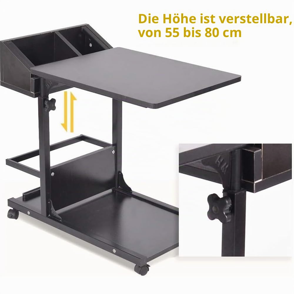 sogesfurniture Laptoptisch höhenverstellbar, mobiler Beistelltisch Sofatisch Notebooktisch Pflegetisch mit Rollen, Stauraum, für Schlafzimmer, Wohnzimmer, 50x40x55-80cm, Schwarz