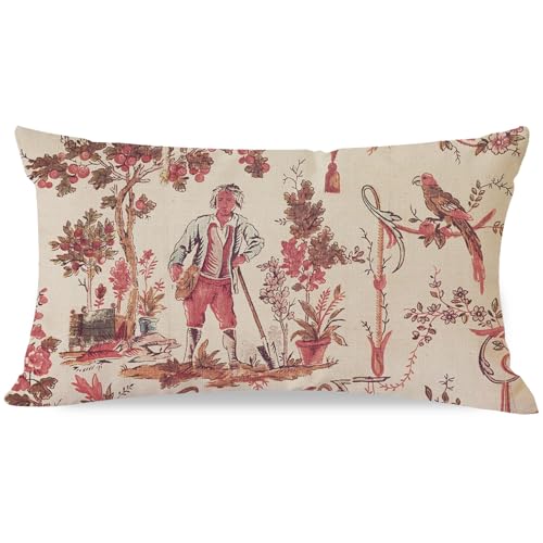 HERHOME Vintage Farmhouse Decorative Throw Pillow Cover 12x20 Inch Garden Scene Cottagecore Outdoor Rustic French Country Pastoral Decor Toile Lumbar Cushion Case Decoration for Home Living Room Couch