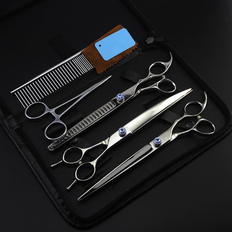 Dog Grooming Scissors Shears, 5 PCS Japan 440c steel 8 inch pet dog grooming hair scissors set dog curved cutting barber thinning shears hairdressing scissors Kit (Color : 24 teeth set)