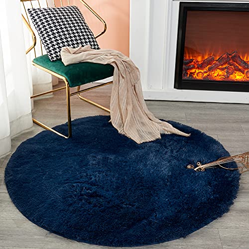 Area Rugs For Bedroom Living Room, 4Ft X 4Ft Navy Blue Circle Fluffy Rug For Kids Room, Shaggy Throw Carpet For Nursery Room, Fuzzy Plush Rug For Dorm, Cute Room Decor For Girls Boys Room #TOP1