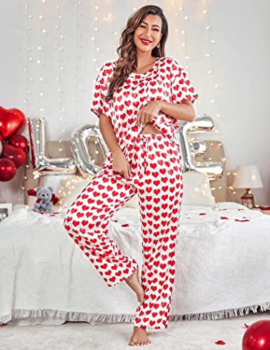 Image of Ekouaer Womens Satin Silky Pajama Set Short Sleeve Shirt with Long Pajama Pant Set Soft PJ Loungewear