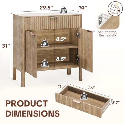 Image of Fluted Buffet Cabinet Accent with Doors & Drawer 31 inch Oak | Anti-tipping Design, Scratch & Water-resistant, Pre-drilled Easy Assembly Versatile for Kitchen, Entryway & Living Room