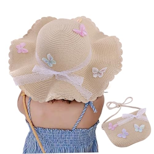 Kids Straw Hat Set, 2pcs/Set Butterfly Lace Straw Hat with Crossbody Bag for Girls, Summer Kids Straw Sun Hat, Beach Hat for Girls Beige2