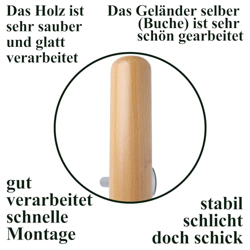BelovedYard Buche Holz Handlauf Ø 42 mm Treppenhandlauf, 50cm 80cm 100 cm wählbar, rutschfest, wasserbasiert, inkl. Wandhalter & Montage‑Set Länge:80cm