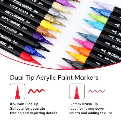 Pagather AM001 24 Colors Acrylic Paint Markers, Dual Tip With Fine Tip And Brush Tip Pens For Stone, Wood, Calligraphy thumb #1