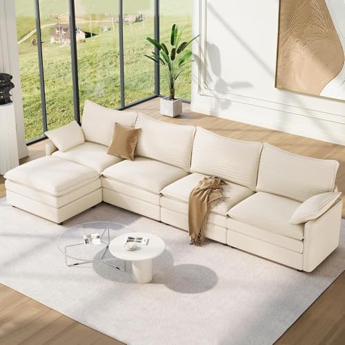 Image of Vesgantti 142 inch Cloud Couch Sectional Modular Sofa, Comfy Sectional Couch with Ottoman Deep Seat Corduroy L Shaped Sofa, Modular Couches for Living Room, Bedroom and Apartment, Beige