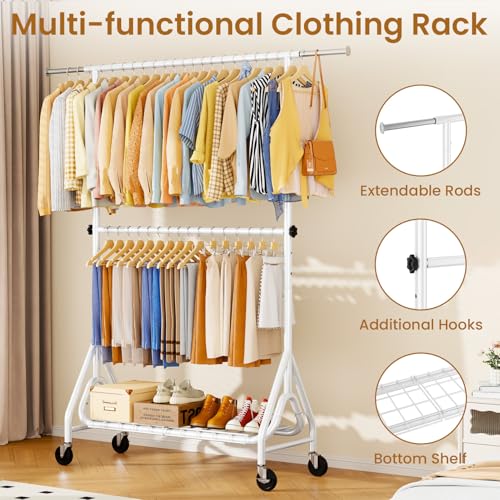 Image of Double Rods Clothing Rack, Heavy Duty Clothes Rack for Hanging Clothes Load 560LBS, Metal Rolling Garment Racks with Wheels, Freestanding Clothes Hanging Racks, White