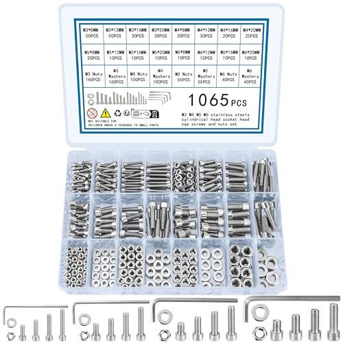 TOOINKCV 1065 Pcs M3 m4 m5 m6 Screws and Nuts, Hex Socket Head Cap Screws Nuts and Bolts Washers Kit, Stainless Steel Bolts and Nuts Kit, Metric Assorted Machine Screws Assortment Kit, Hex Bolt