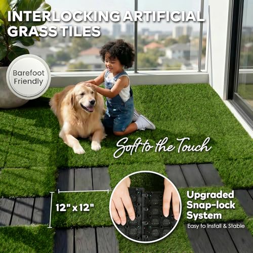 XLX TURF Artificial Grass Turf Interlocking Deck Tiles Set 18 PCS - 12"x12" Thick Synthetic Fake Grass Self-draining Mat Floor for Dog Kennel Indoor/Outdoor Use by XLX TURF - Image 2