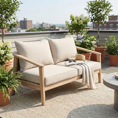 Merax Outdoor Wood and Wicker Loveseat, Light White Finish with Beige Cushion, Acacia Wood 2-Seater Patio Garden Sofa by Merax - Used condition - US$416.94