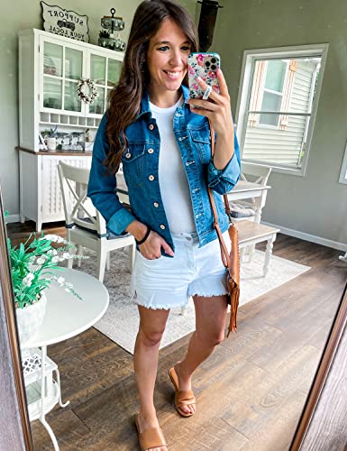 Grapent Women's Casual Basic Button Down Long Sleeve Stretchy Jean Trucker Denim Jacket With Pockets Blue Color Size Large Us 12-14 #TOP4